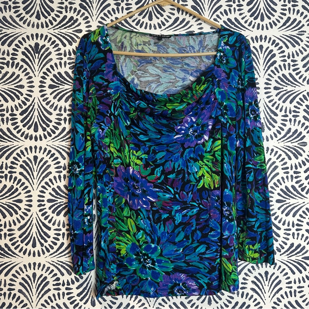 Cable & Gauge Blue Floral Draped Neck Blouse FLAW READ - Picture 3 of 14